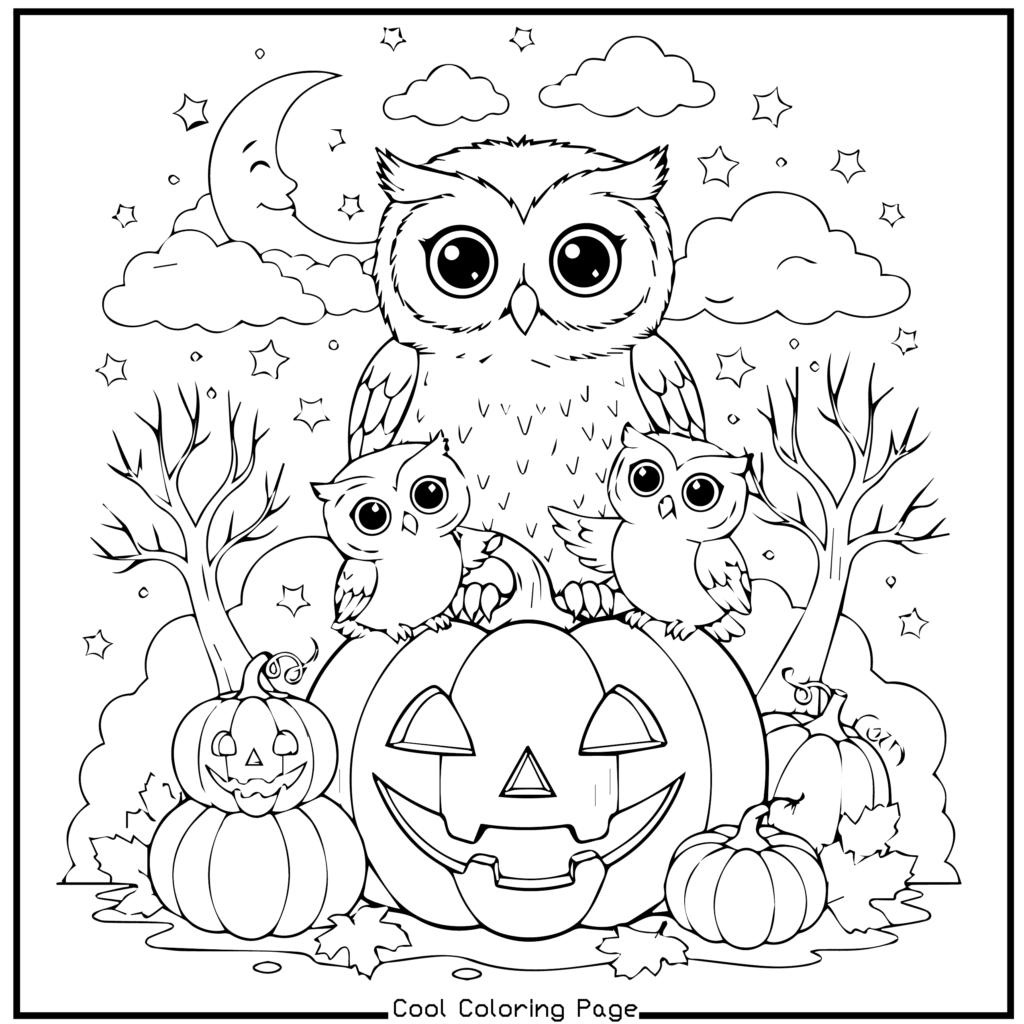 Black and white illustration of three owls sitting on a carved pumpkin. The scene includes other pumpkins, bare trees, clouds, stars, and a crescent moon. —Halloween coloring pages.