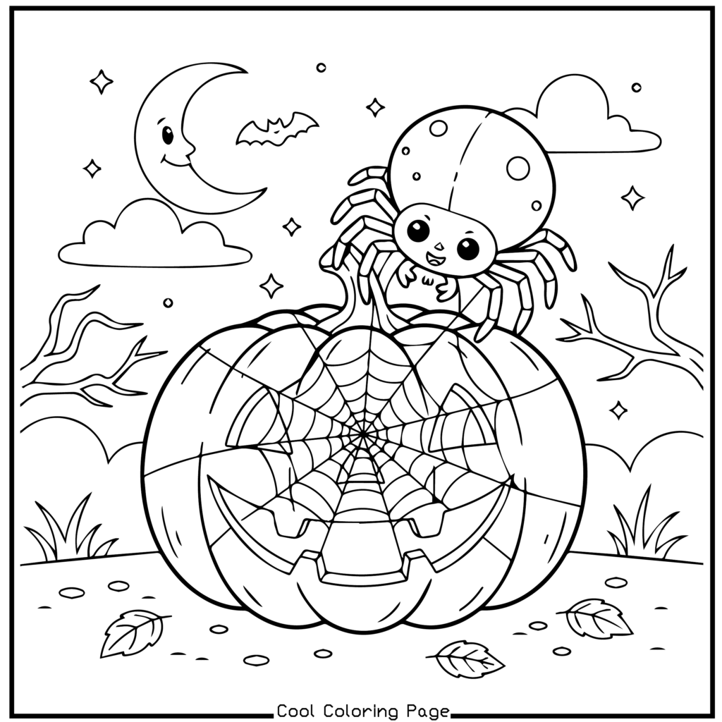 Cute spider on a carved pumpkin with a web. Smiling moon and bat in the sky. Bare trees and falling leaves create a playful Halloween scene. —Halloween coloring pages.