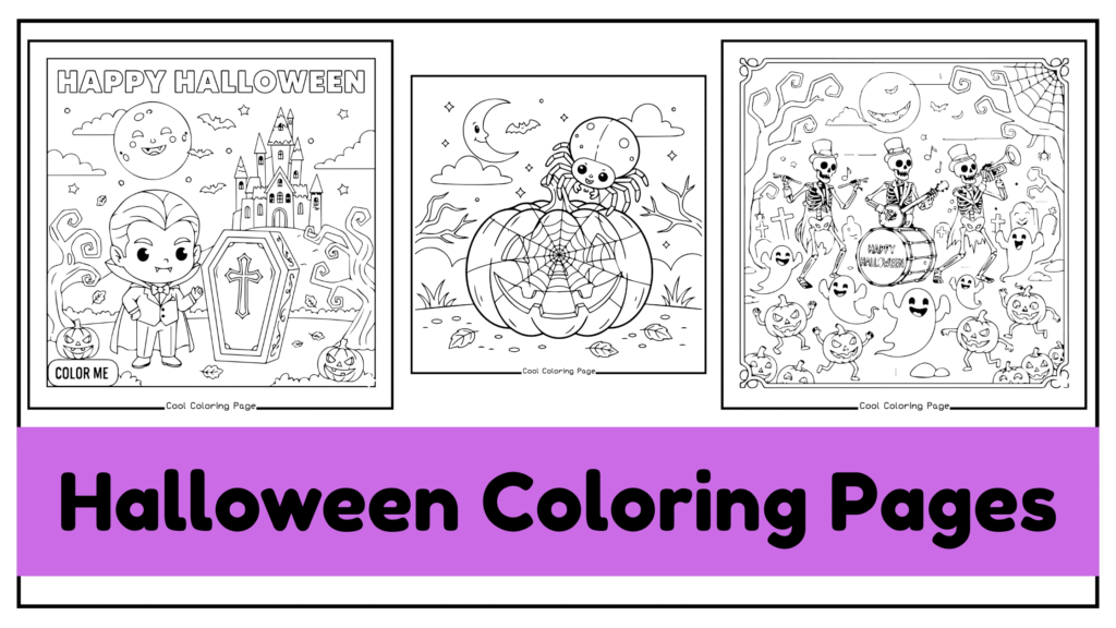 Three Halloween-themed coloring pages featuring cute vampires, pumpkins, and skeletons with spooky decorations. Halloween coloring pages