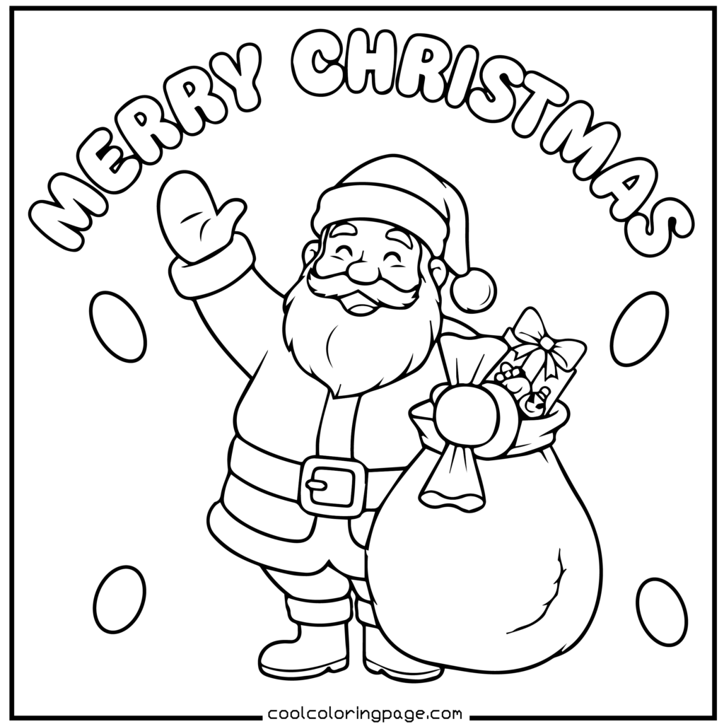 Easy Christmas coloring pages printable PDF featuring Santa Claus waving with simple bold outlines for kids.