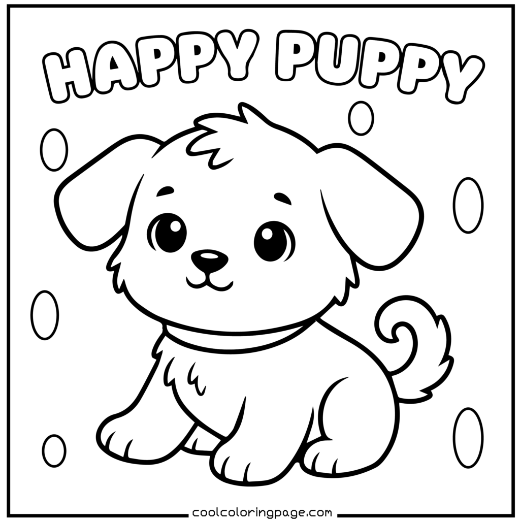 Happy puppy sitting and smiling, cute printable PDF puppy coloring pages for kids and adults download