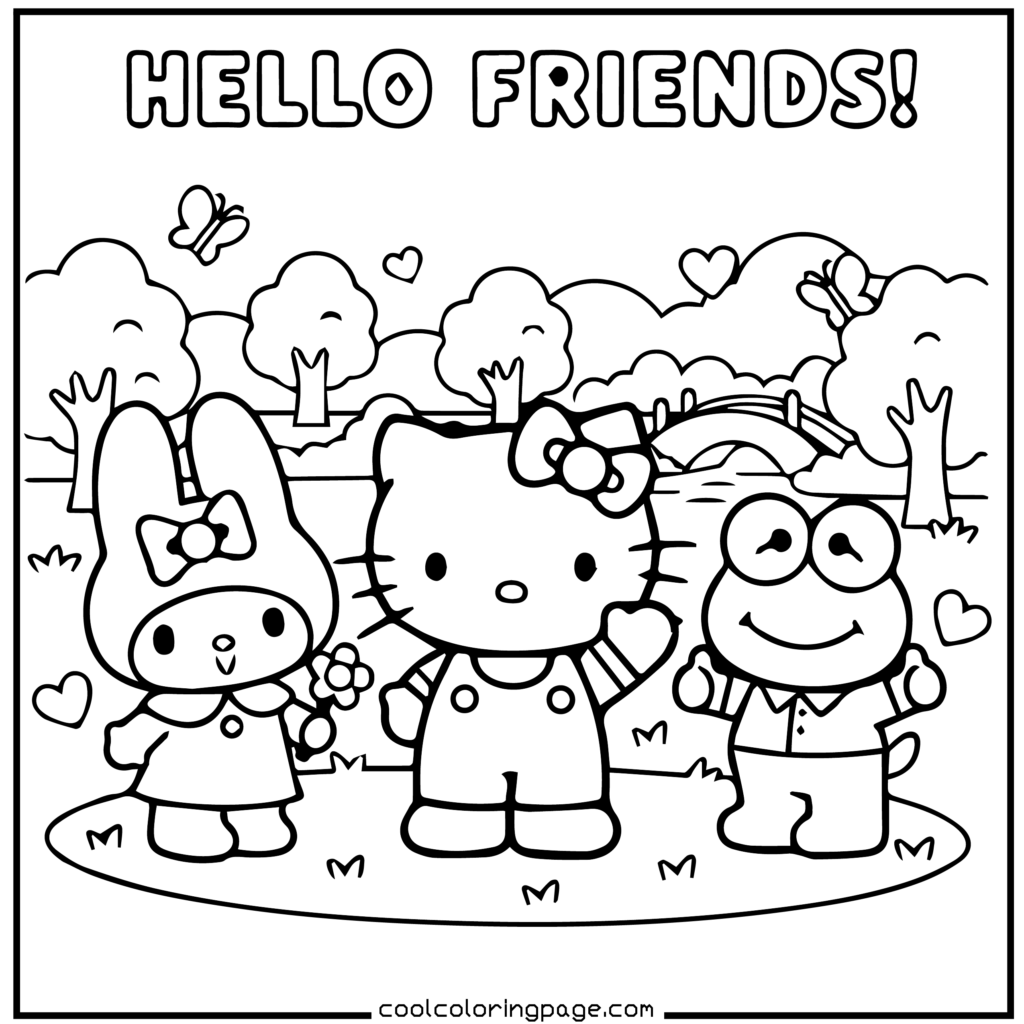 Download printable hello kitty coloring pages Free PDF featuring Hello Kitty and friends in a park