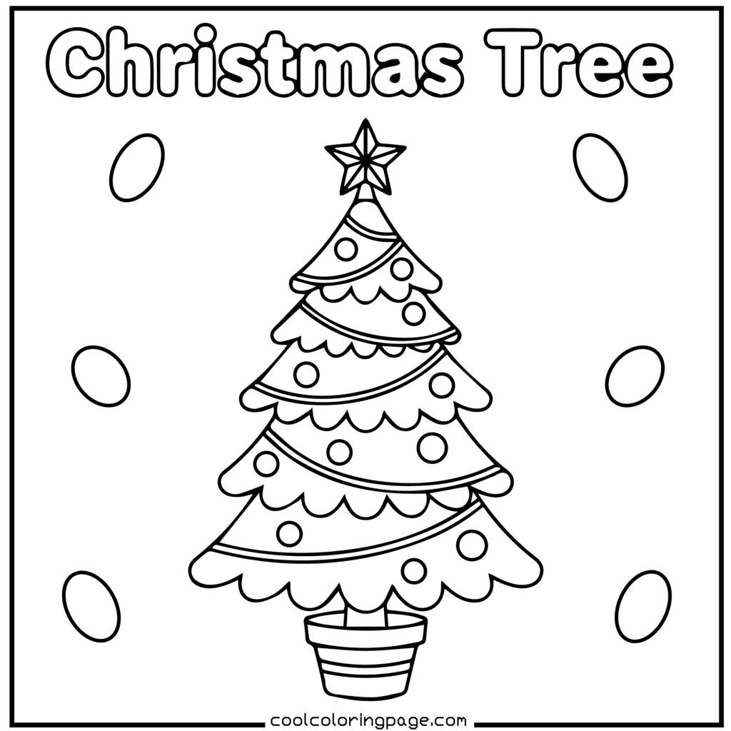 Easy Christmas coloring pages printable PDF showing a decorated Christmas tree, free Christmas coloring pages style.
