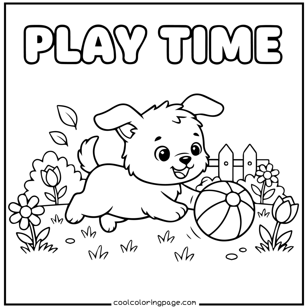 Playful puppy chasing a ball, fun printable PDF puppy coloring pages with bold outlines download