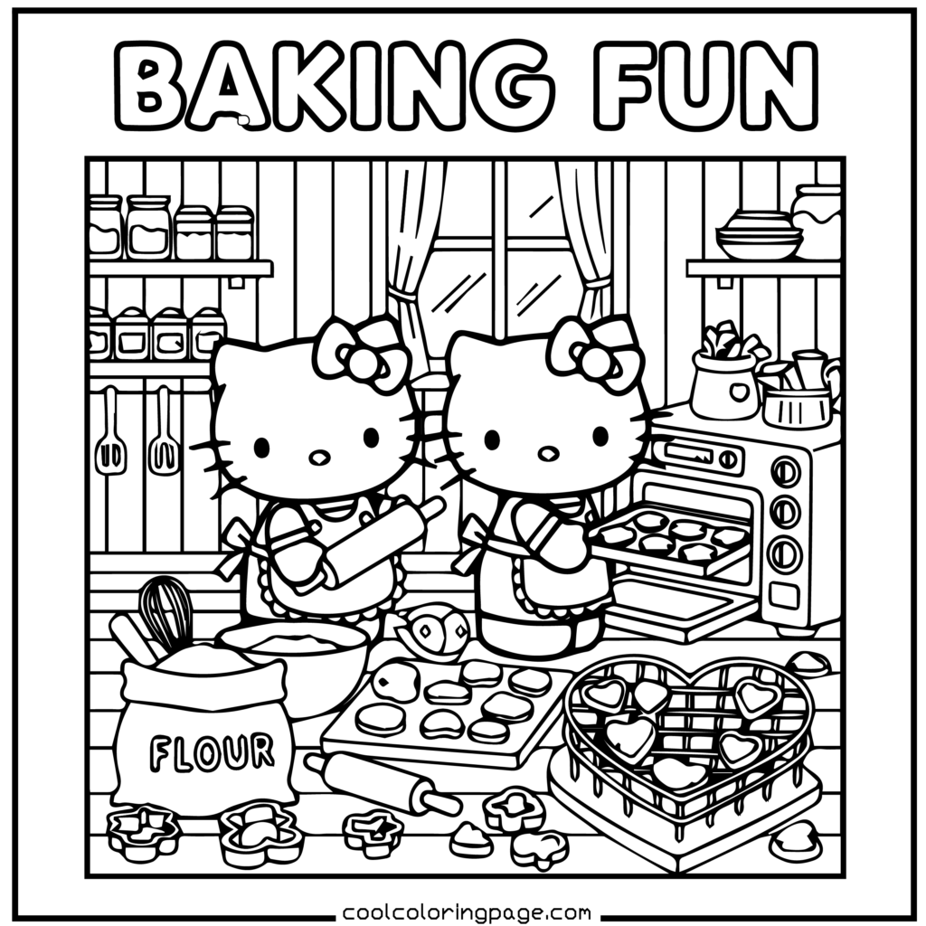 Download printable hello kitty coloring pages Free PDF with Hello Kitty baking in the kitchen
