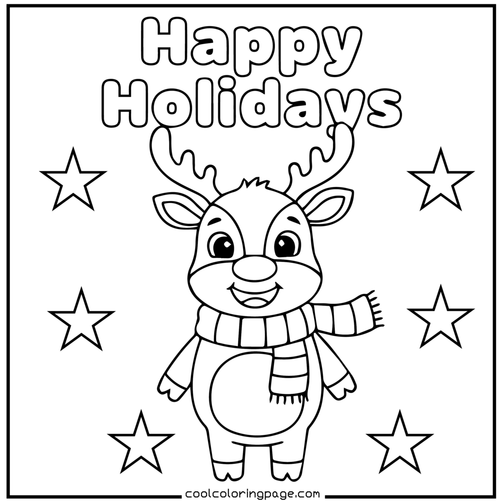 Easy Christmas coloring pages printable PDF of a cute reindeer wearing a scarf, easy Christmas coloring pages for kids.