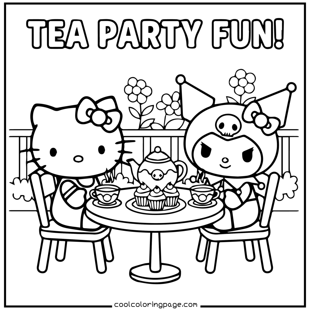 Download printable hello kitty coloring pages Free PDF showing a cute tea party scene