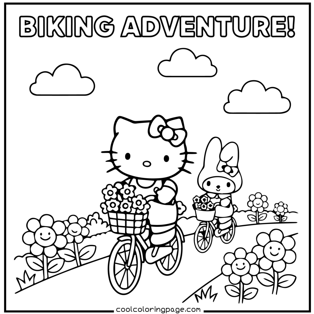 Download printable hello kitty coloring pages Free PDF of Hello Kitty riding a bicycle