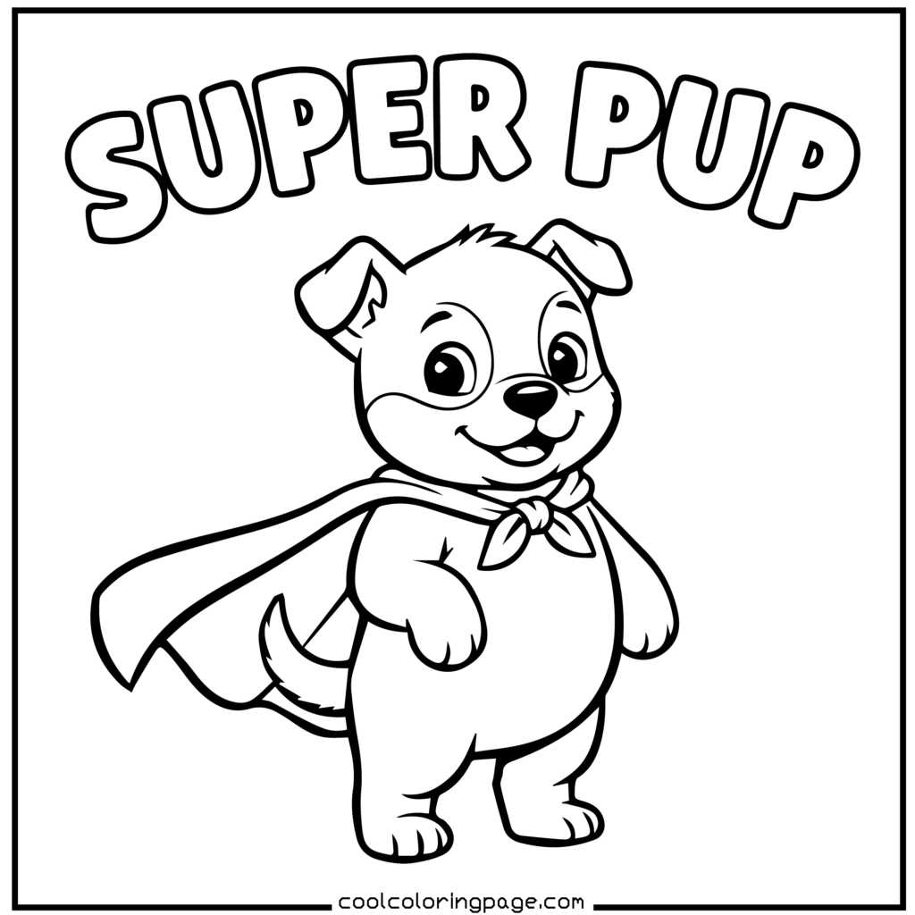Superhero puppy wearing a cape, creative printable PDF puppy coloring pages download