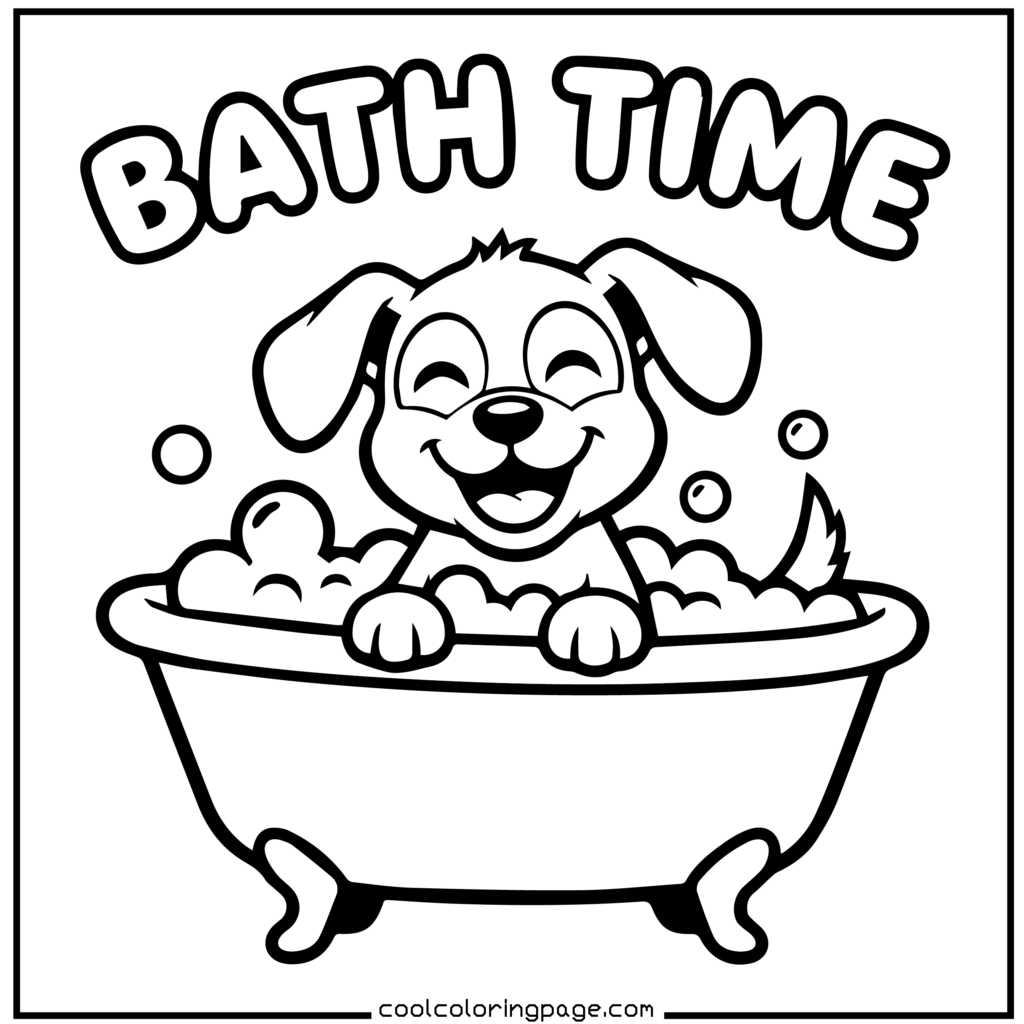 Puppy enjoying bath time in a tub, adorable printable PDF puppy coloring pages download