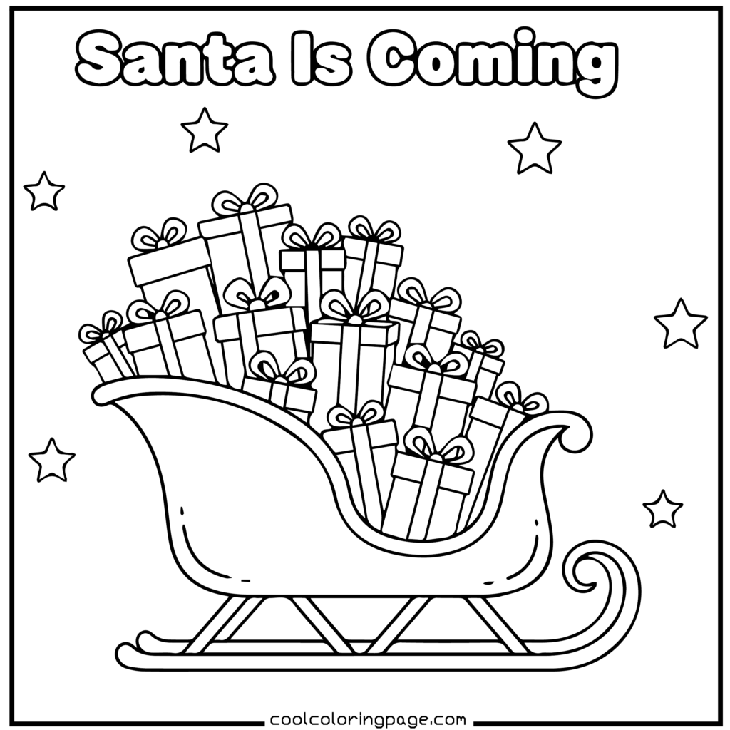 Easy Christmas coloring pages printable PDF showing Santa’s sleigh and gifts, easy Christmas coloring pages printable pdf free.