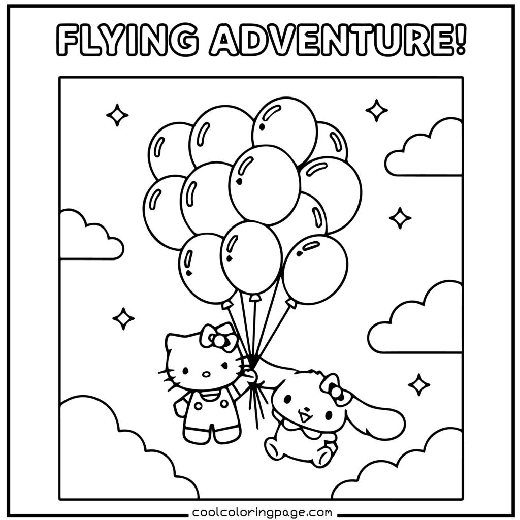 Download printable hello kitty coloring pages Free PDF with balloons and sky theme