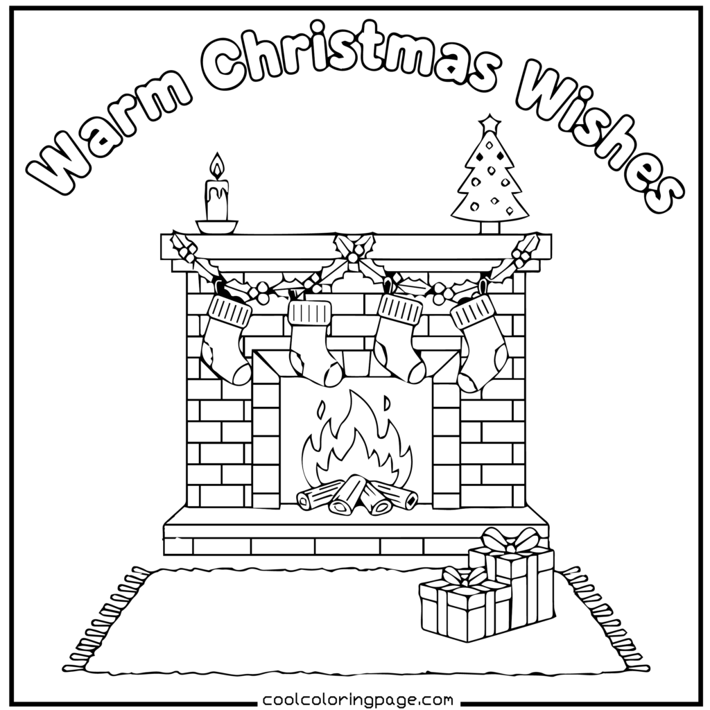 Easy Christmas coloring pages printable PDF of a cozy fireplace scene, perfect for easy Christmas coloring pages for kids.