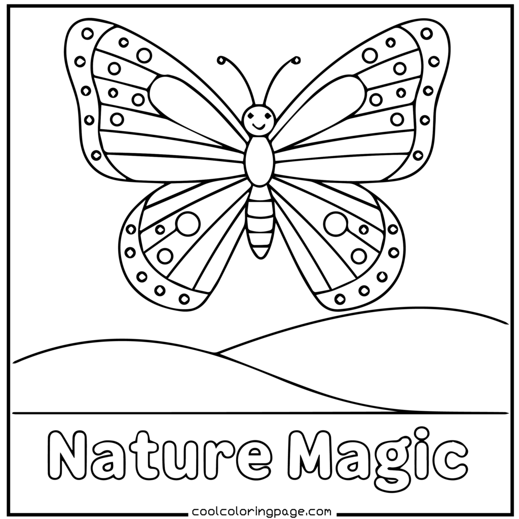 Printable butterfly coloring pages showing a detailed butterfly coloring page with symmetrical wings