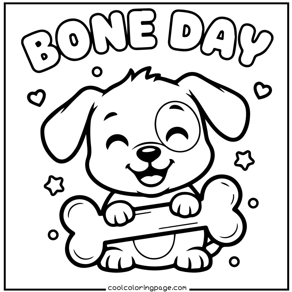 Puppy holding a bone with a happy face, simple printable PDF puppy coloring pages download