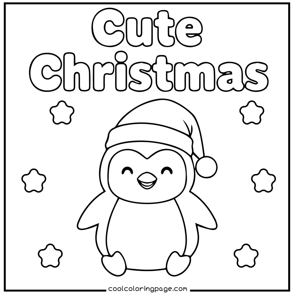 Easy Christmas coloring pages printable PDF featuring a cute penguin in a Santa hat, free Christmas coloring pages.