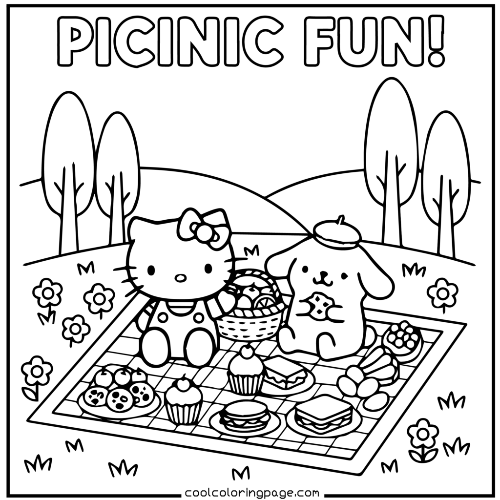 Download printable hello kitty coloring pages Free PDF featuring a picnic scene