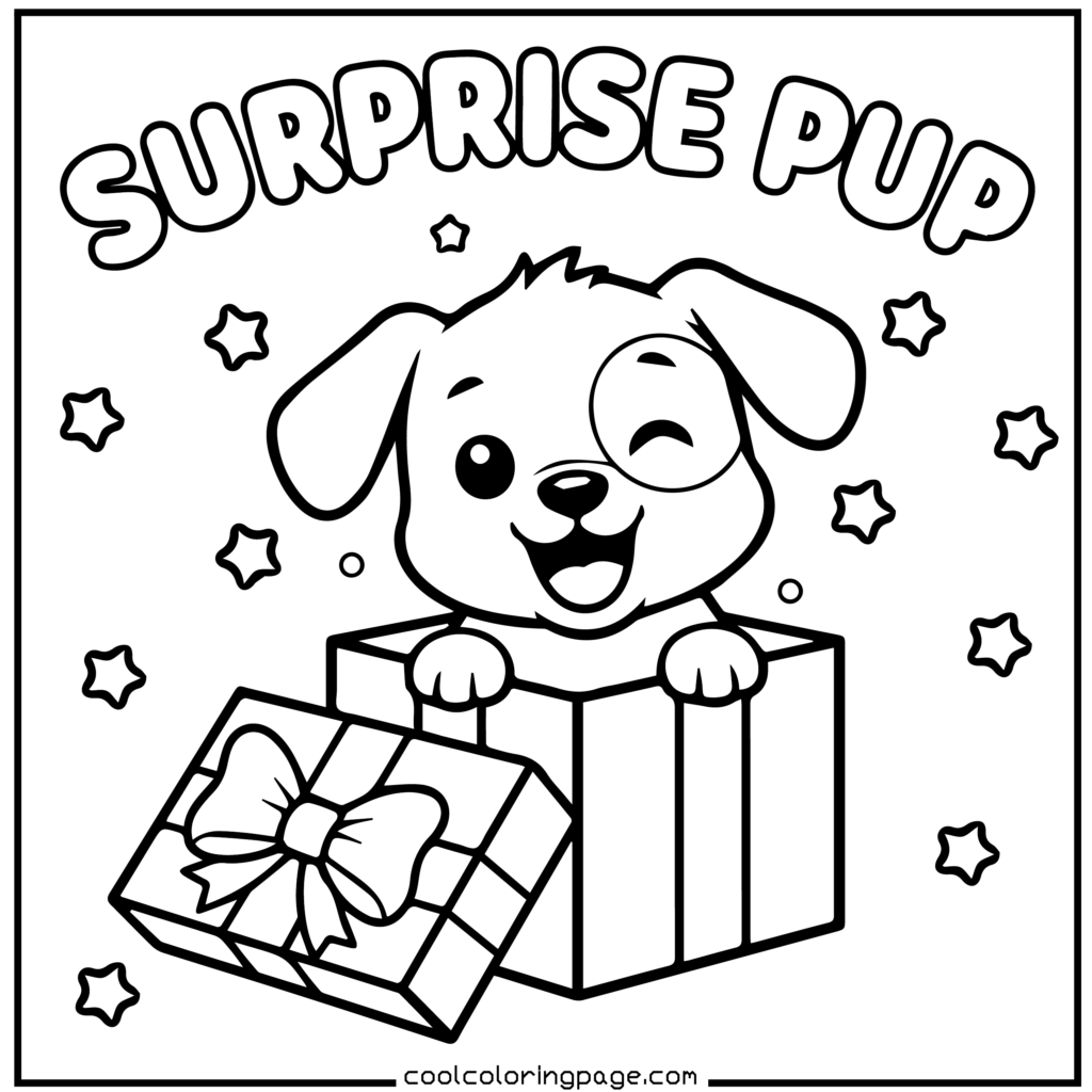 Puppy popping out of a gift box, cute printable PDF puppy coloring pages download