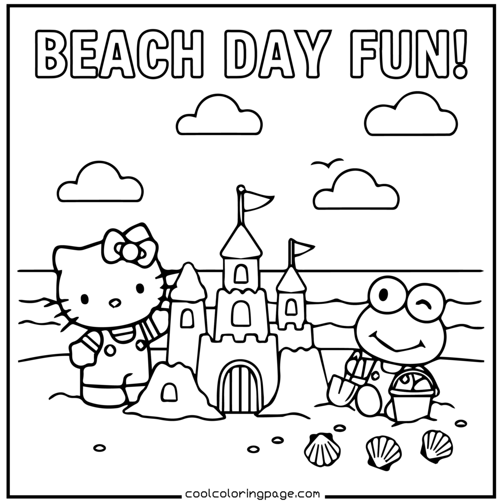Download printable hello kitty coloring pages Free PDF with beach fun theme