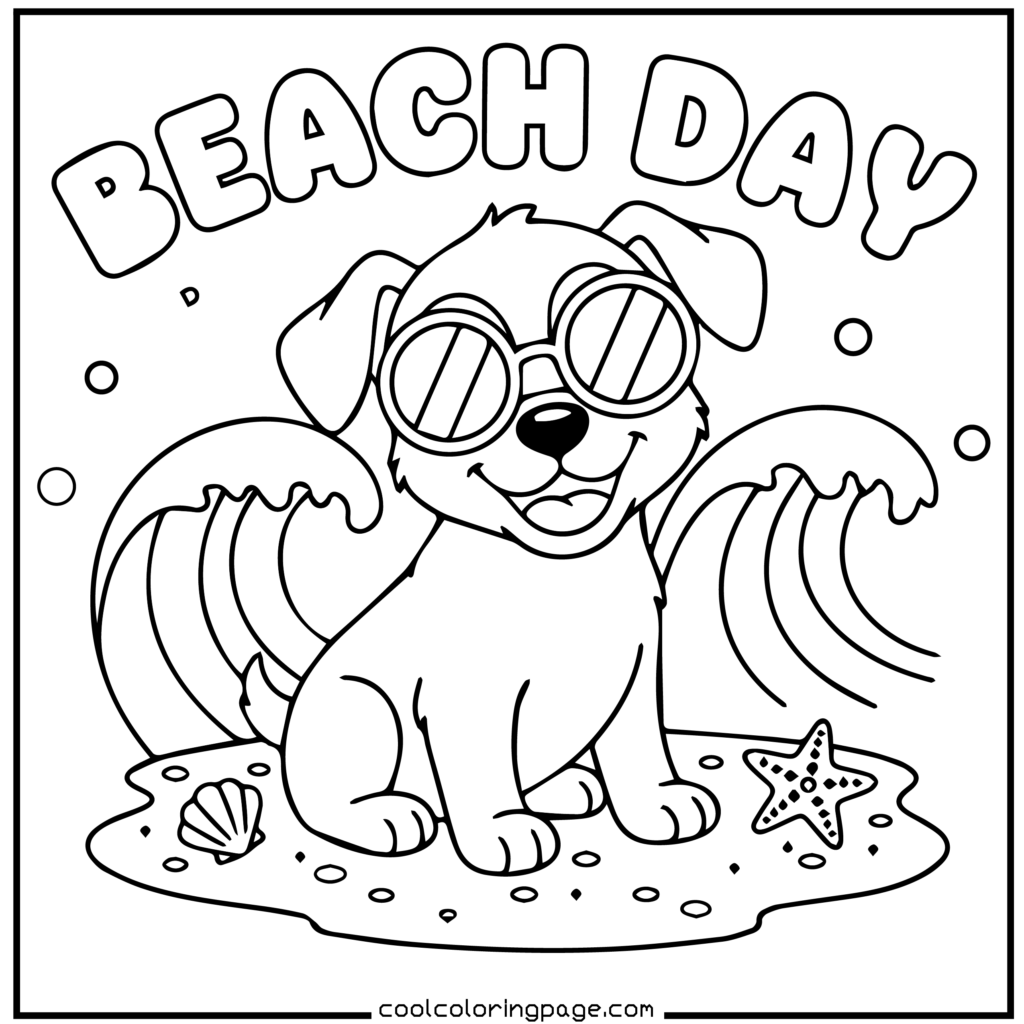 Beach puppy wearing sunglasses, summer printable PDF puppy coloring pages download