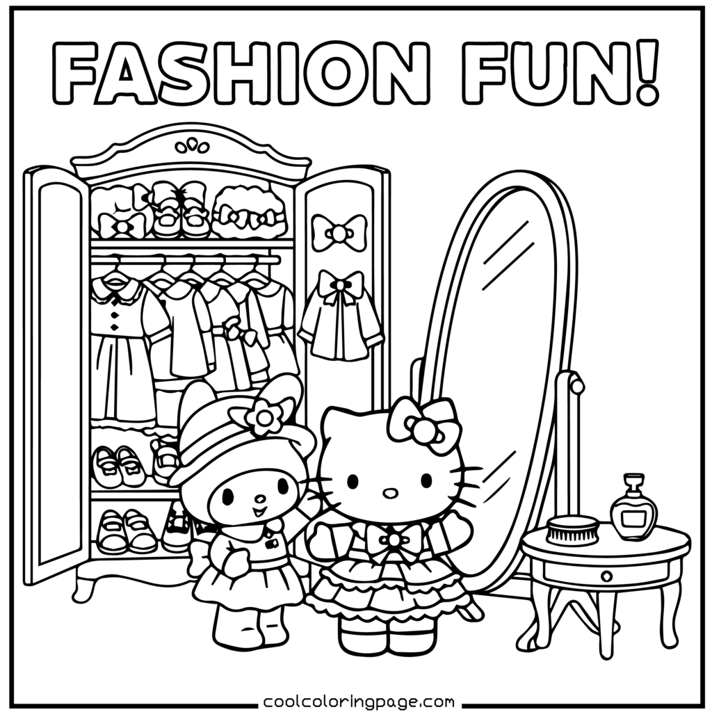 Download printable hello kitty coloring pages Free PDF showing Hello Kitty dress up