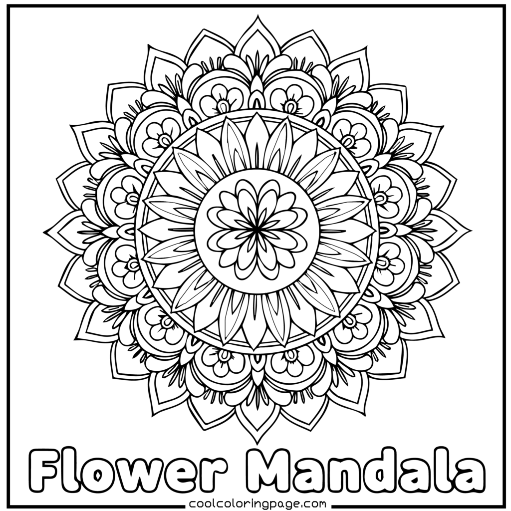 Flower coloring pages presenting a symmetrical mandala adult flower coloring page