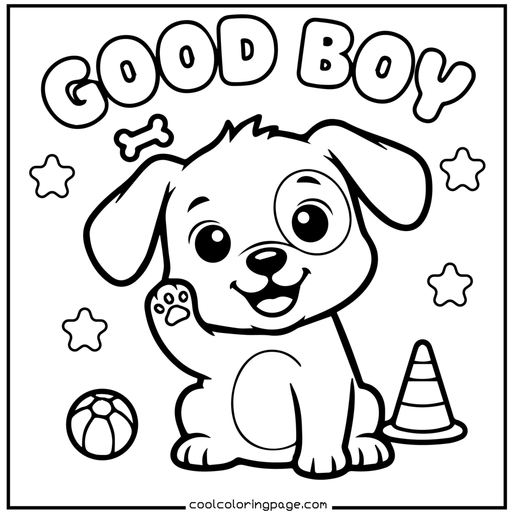 Puppy sitting and raising a paw for training, learning printable PDF puppy coloring pages download