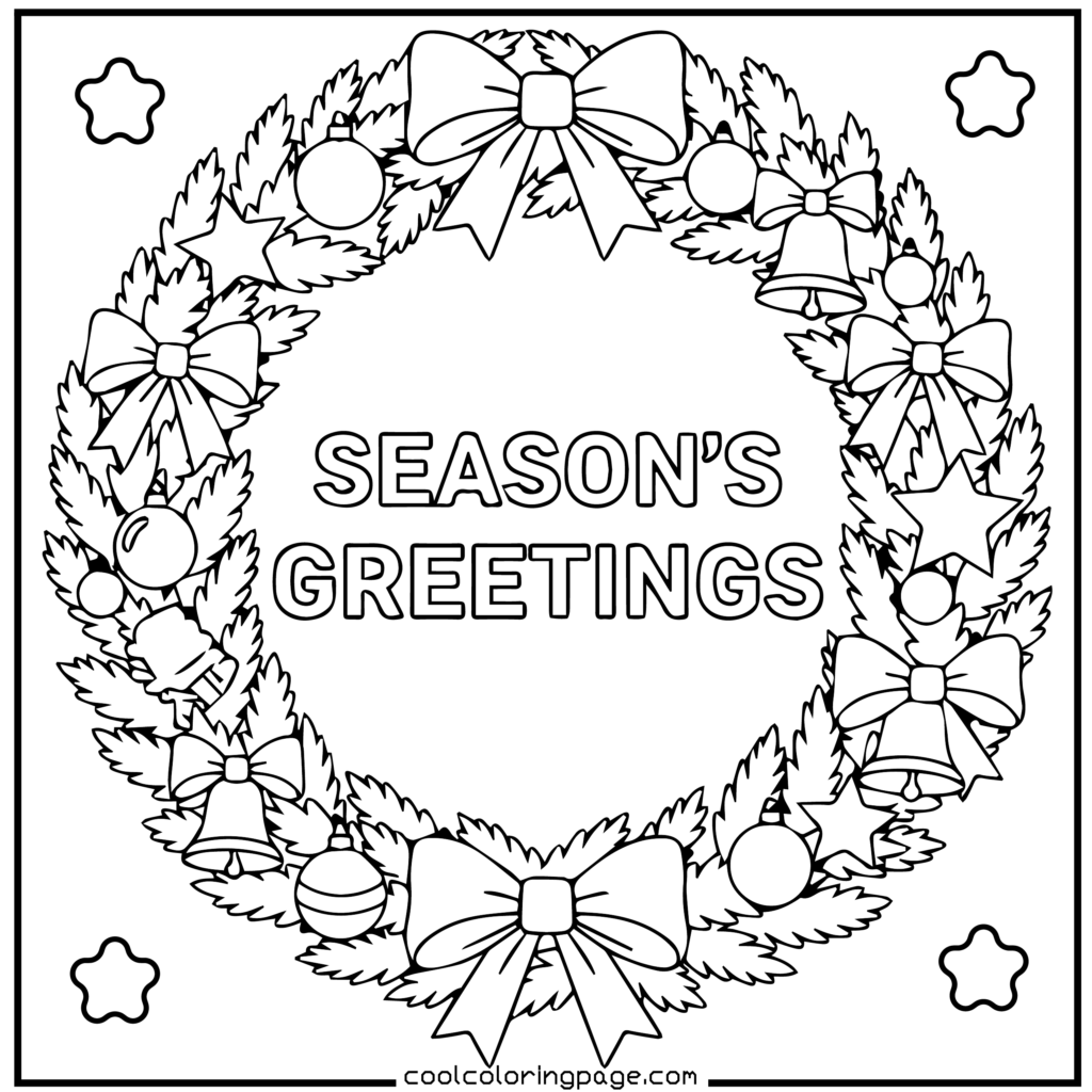 Easy Christmas coloring pages printable PDF showing a festive Christmas wreath, free Christmas coloring pages.