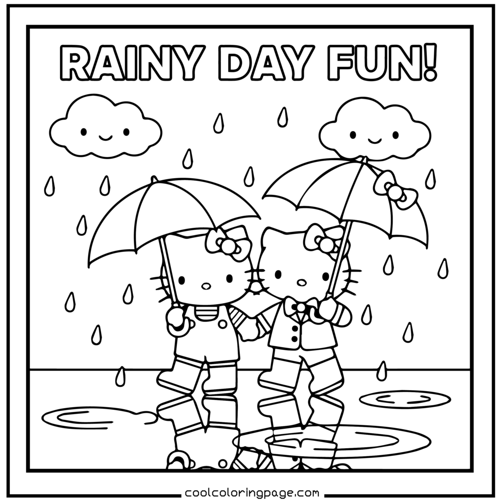 Download printable hello kitty coloring pages Free PDF with rainy day scene