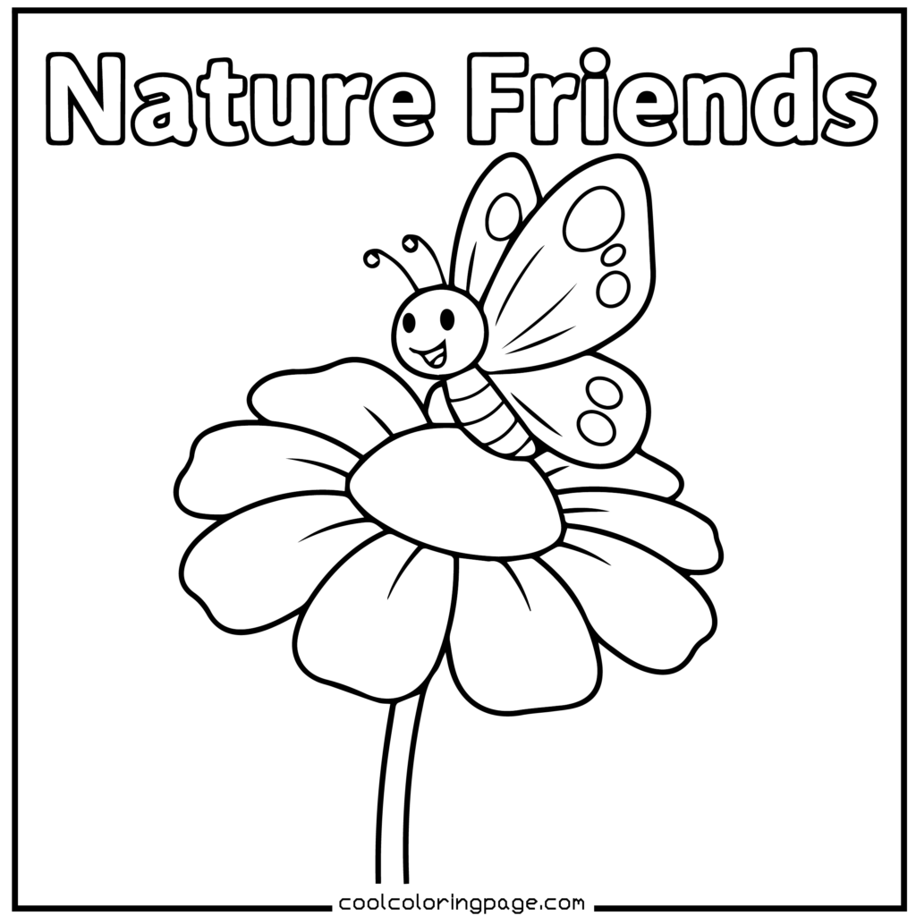 Flower coloring pages showing a butterfly resting on a flower coloring page