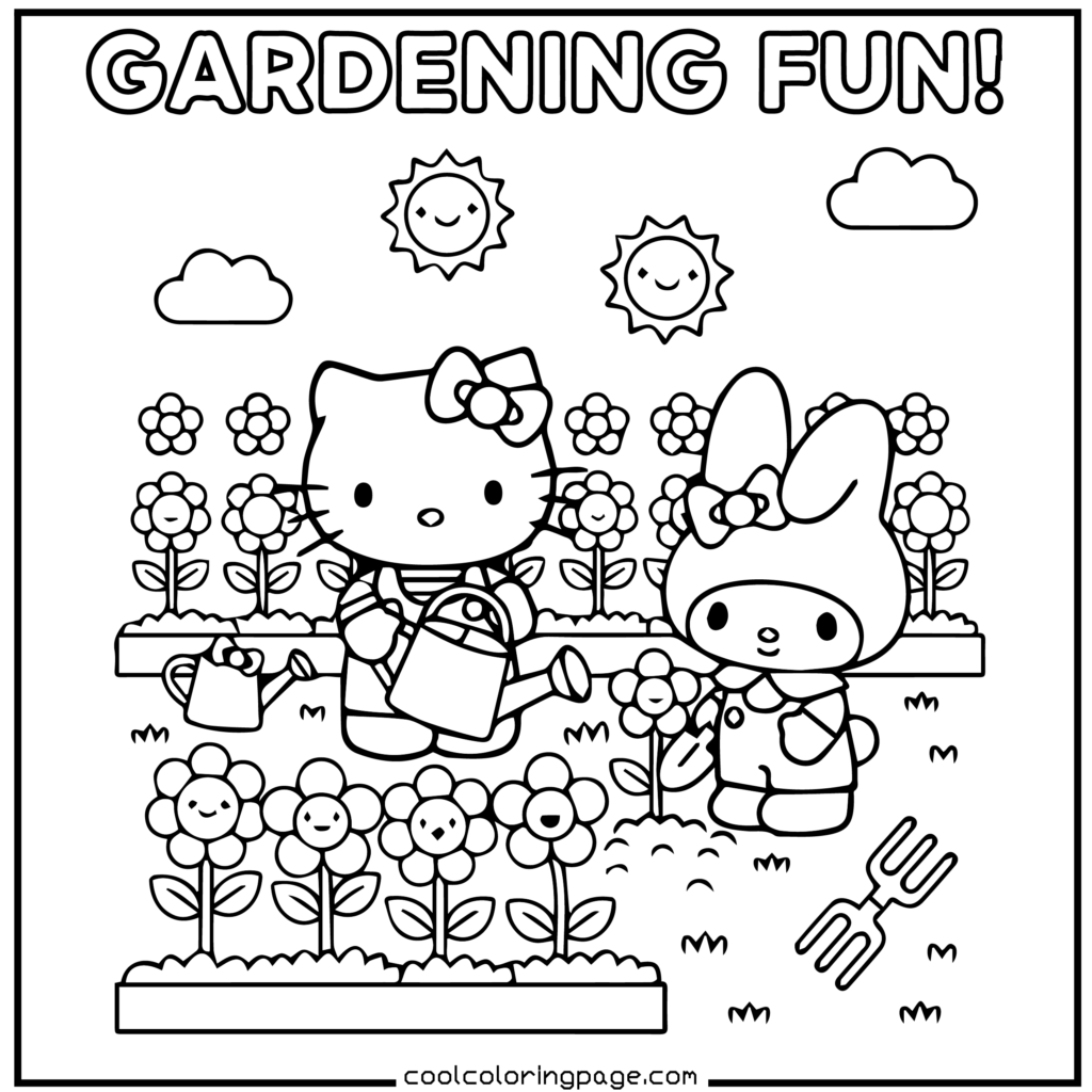Download printable hello kitty coloring pages Free PDF with gardening activity