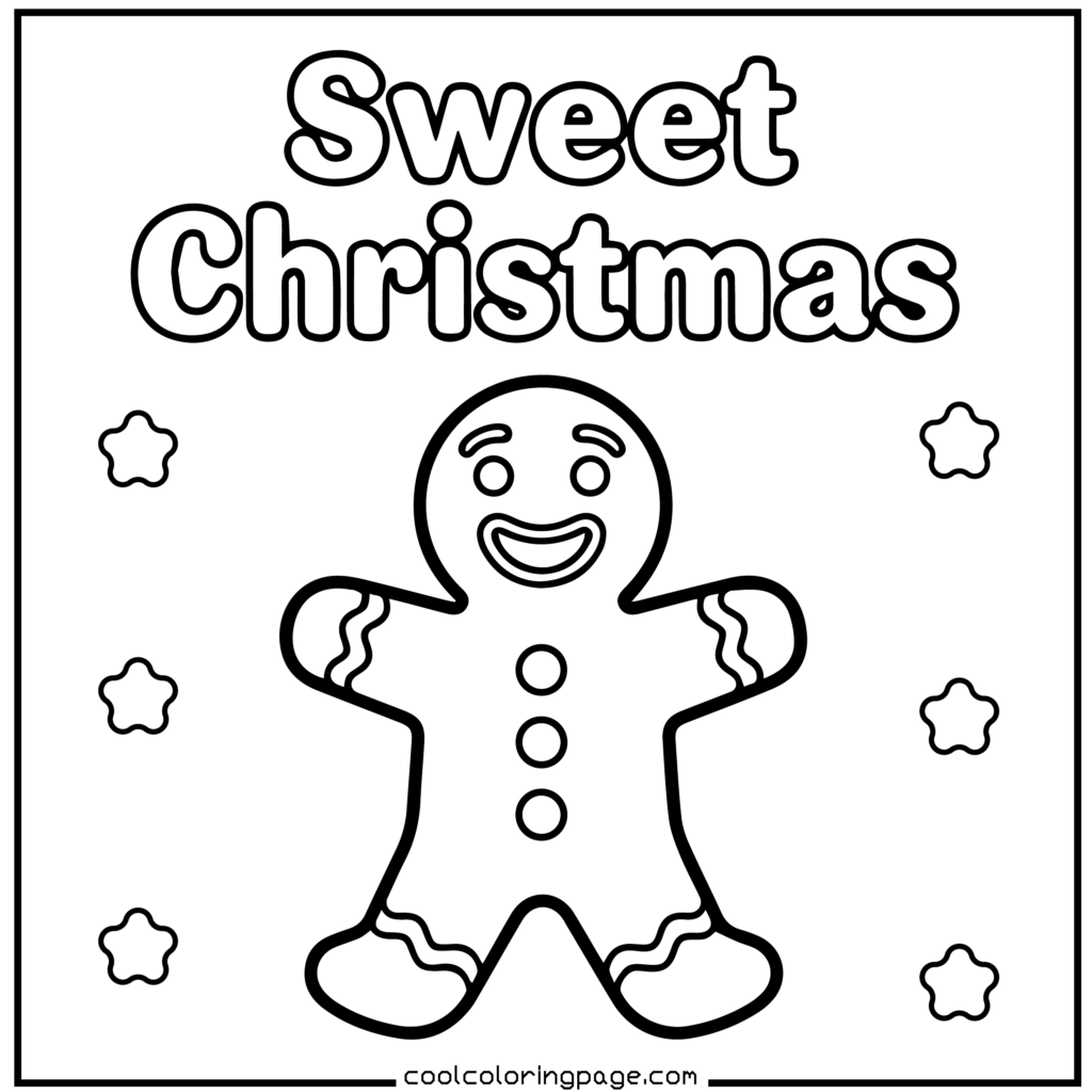 Easy Christmas coloring pages printable PDF showing a gingerbread man, easy Christmas coloring pages printable pdf for toddlers.