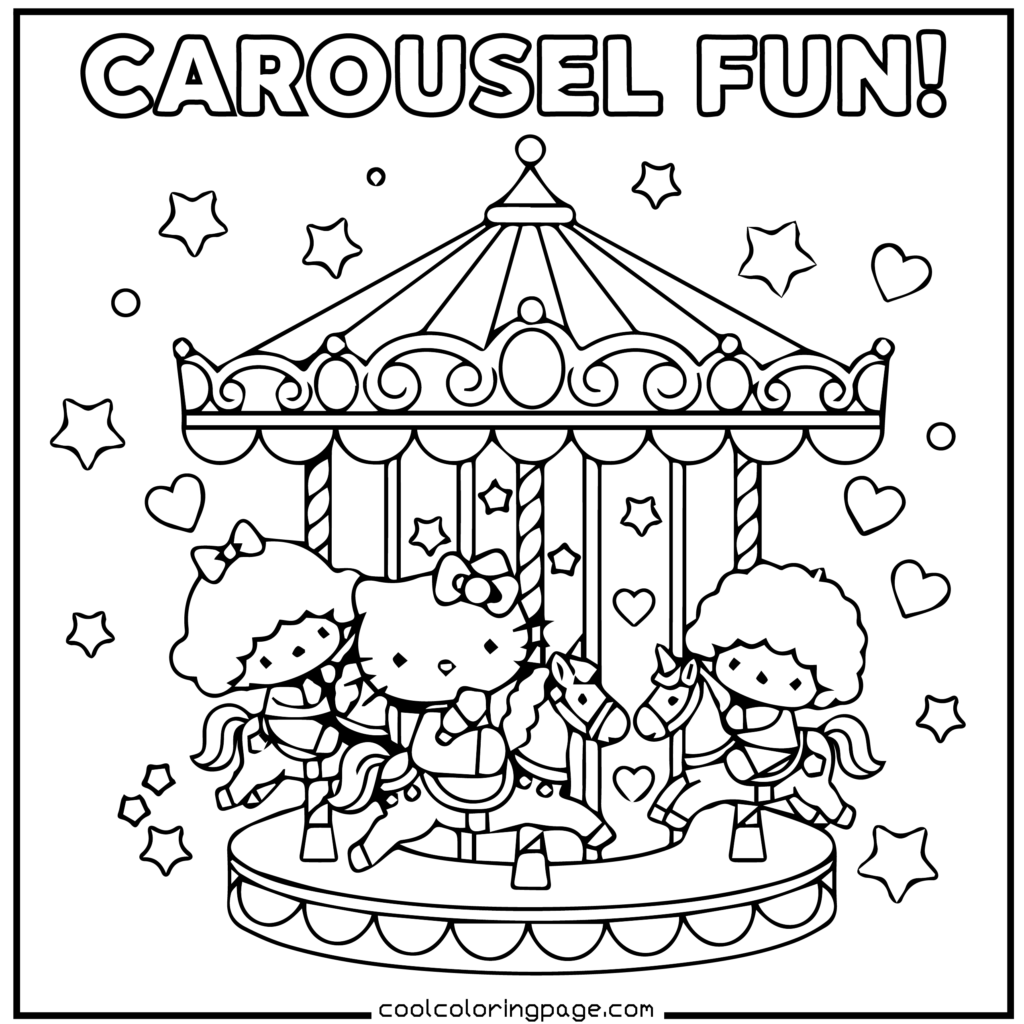 Download printable hello kitty coloring pages Free PDF showing carousel ride