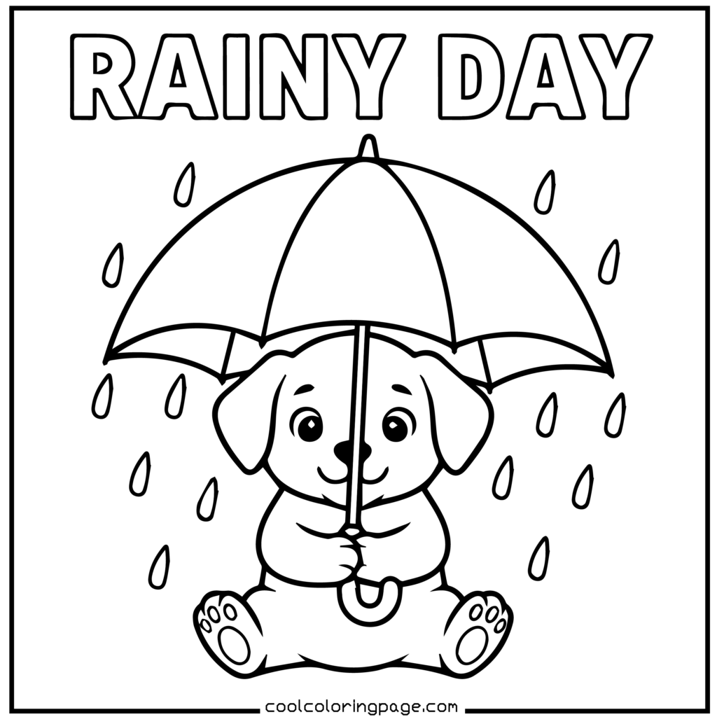 Puppy holding an umbrella on a rainy day, cute printable PDF puppy coloring pages download