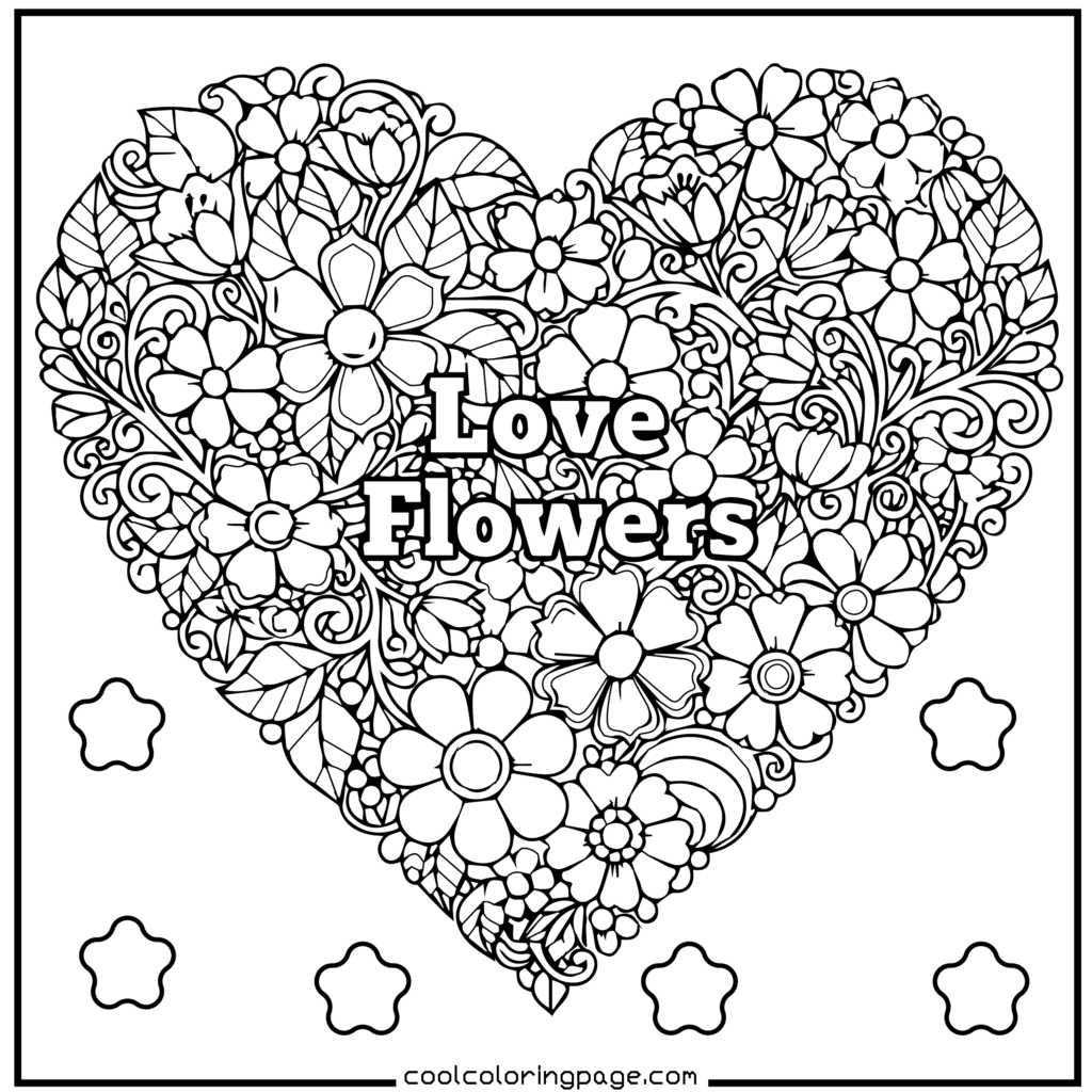 Flower coloring pages featuring heart-shaped blooms as a free flower coloring page