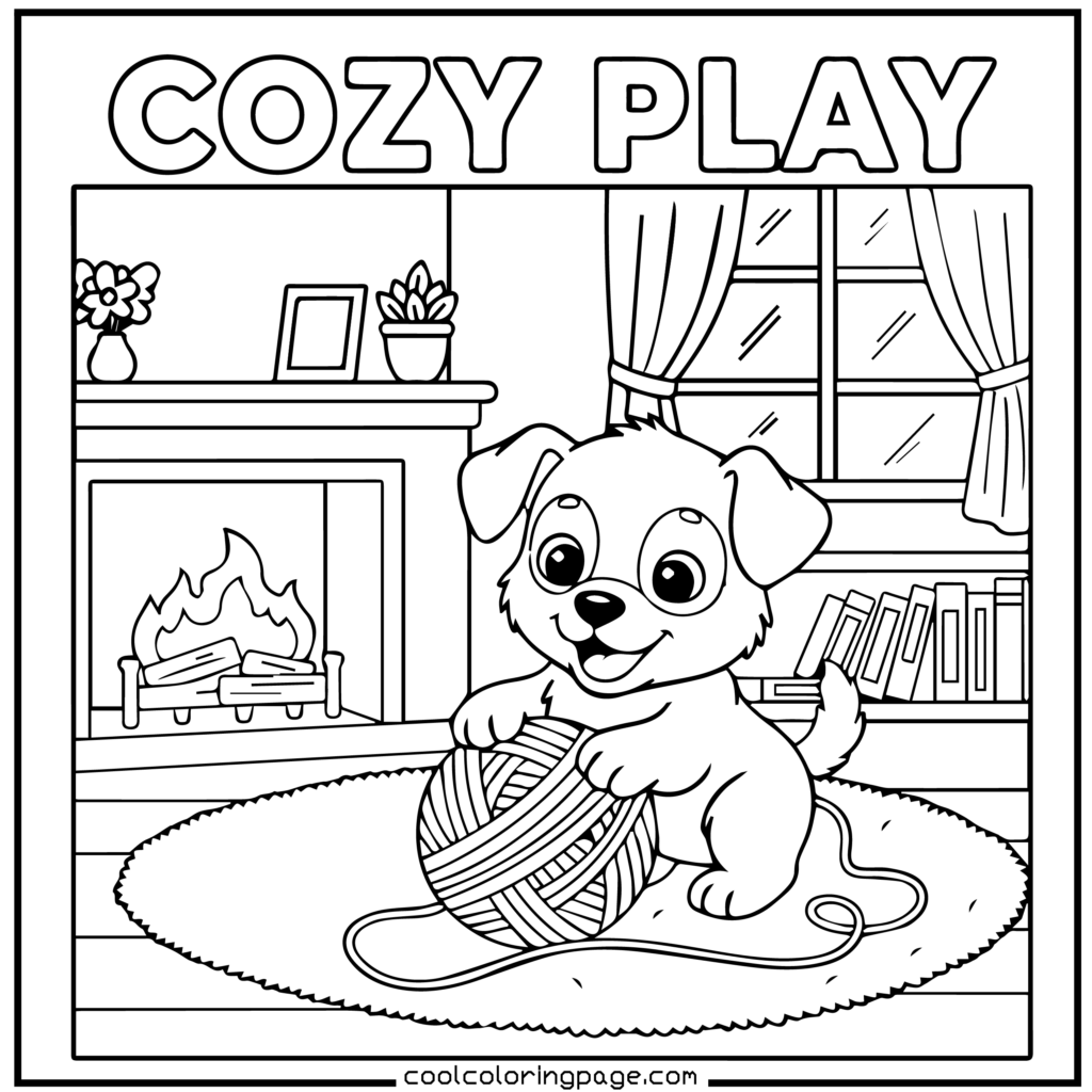 Cozy puppy playing with yarn indoors, simple printable PDF puppy coloring pages download