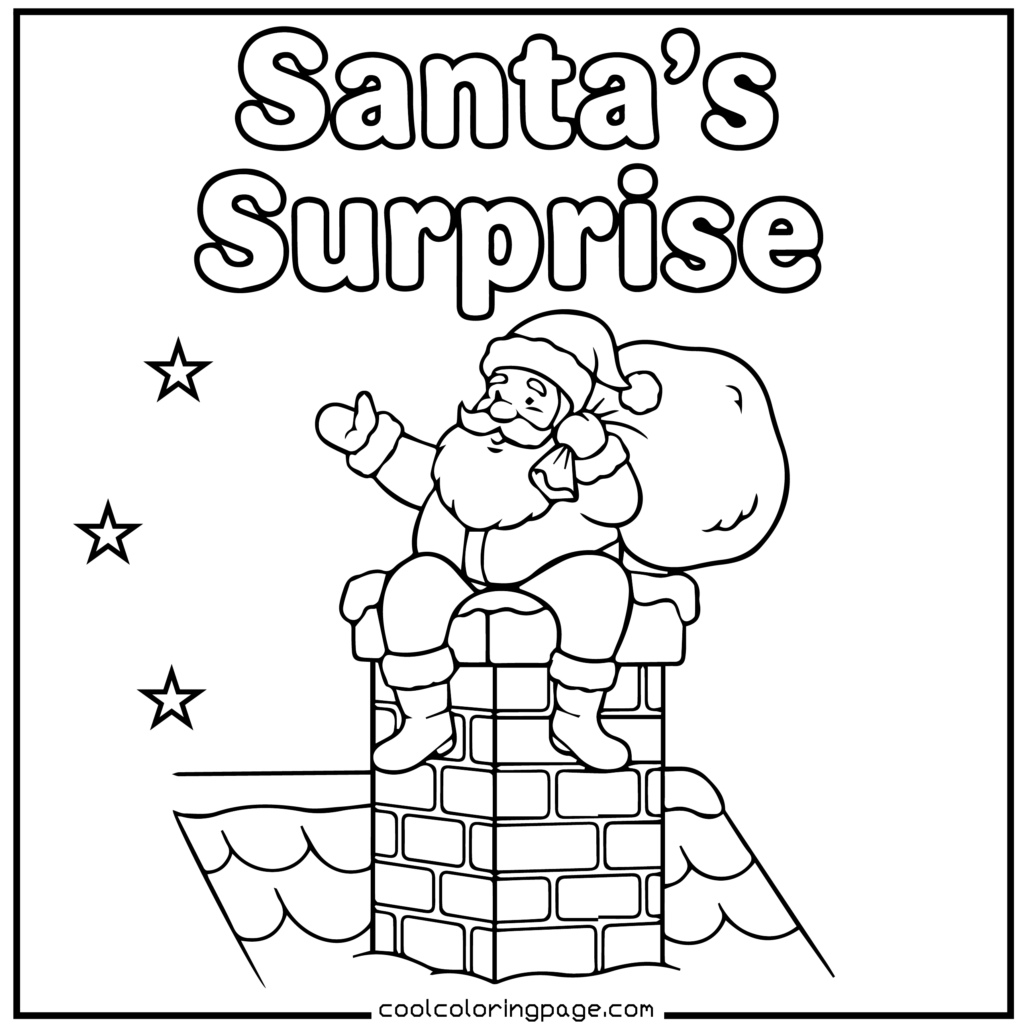 Easy Christmas coloring pages printable PDF of Santa coming down a chimney, easy Christmas coloring pages printable pdf free download.