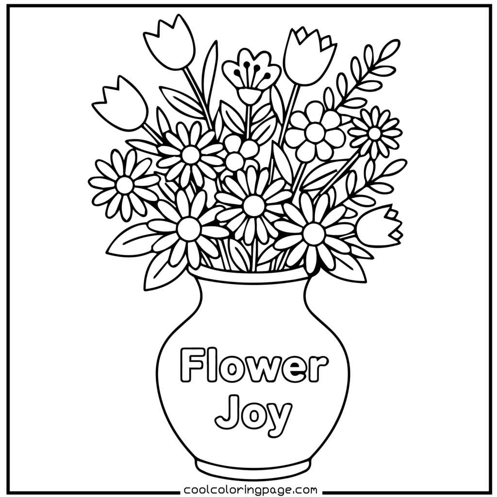 Flower coloring pages showing a vase arrangement adult flower coloring page with clean lines