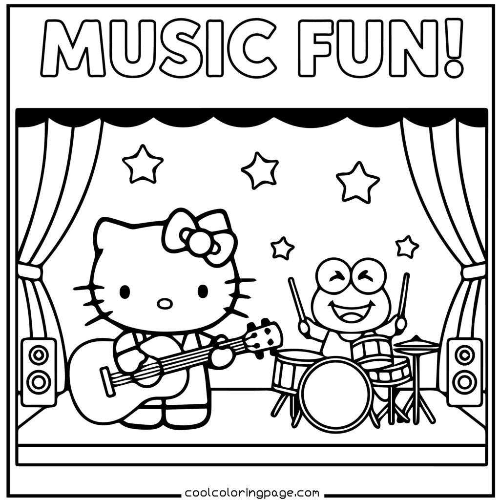 Download printable hello kitty coloring pages Free PDF featuring music band theme