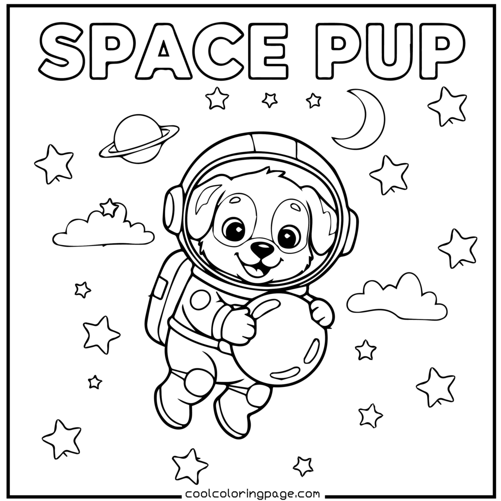 Astronaut puppy floating in space, space printable PDF puppy coloring pages download
