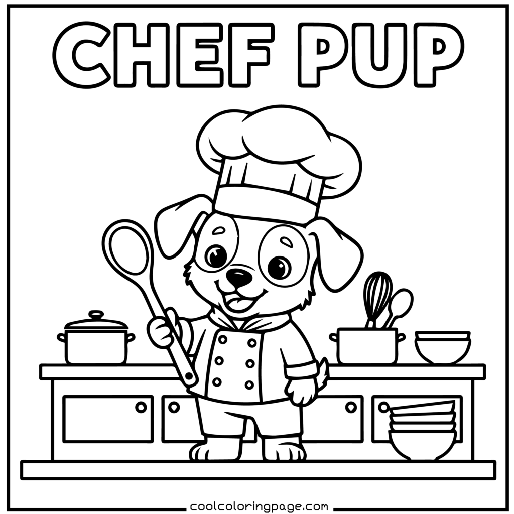 Chef puppy wearing a chef hat, fun printable PDF puppy coloring pages download