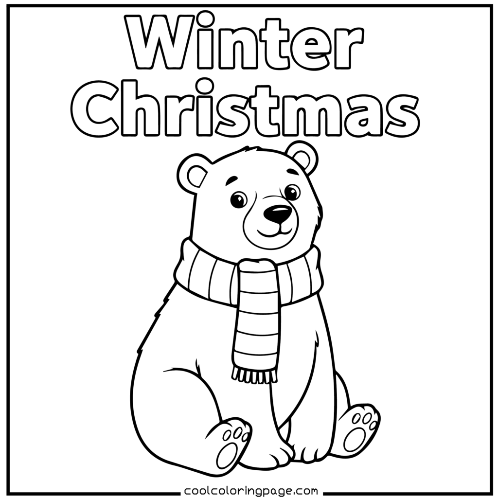 Easy Christmas coloring pages printable PDF featuring a winter polar bear, free Christmas coloring pages.