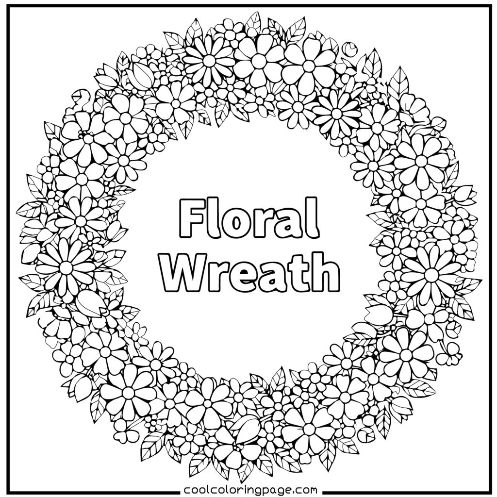 Flower coloring pages presenting a floral wreath coloring page of a flower design