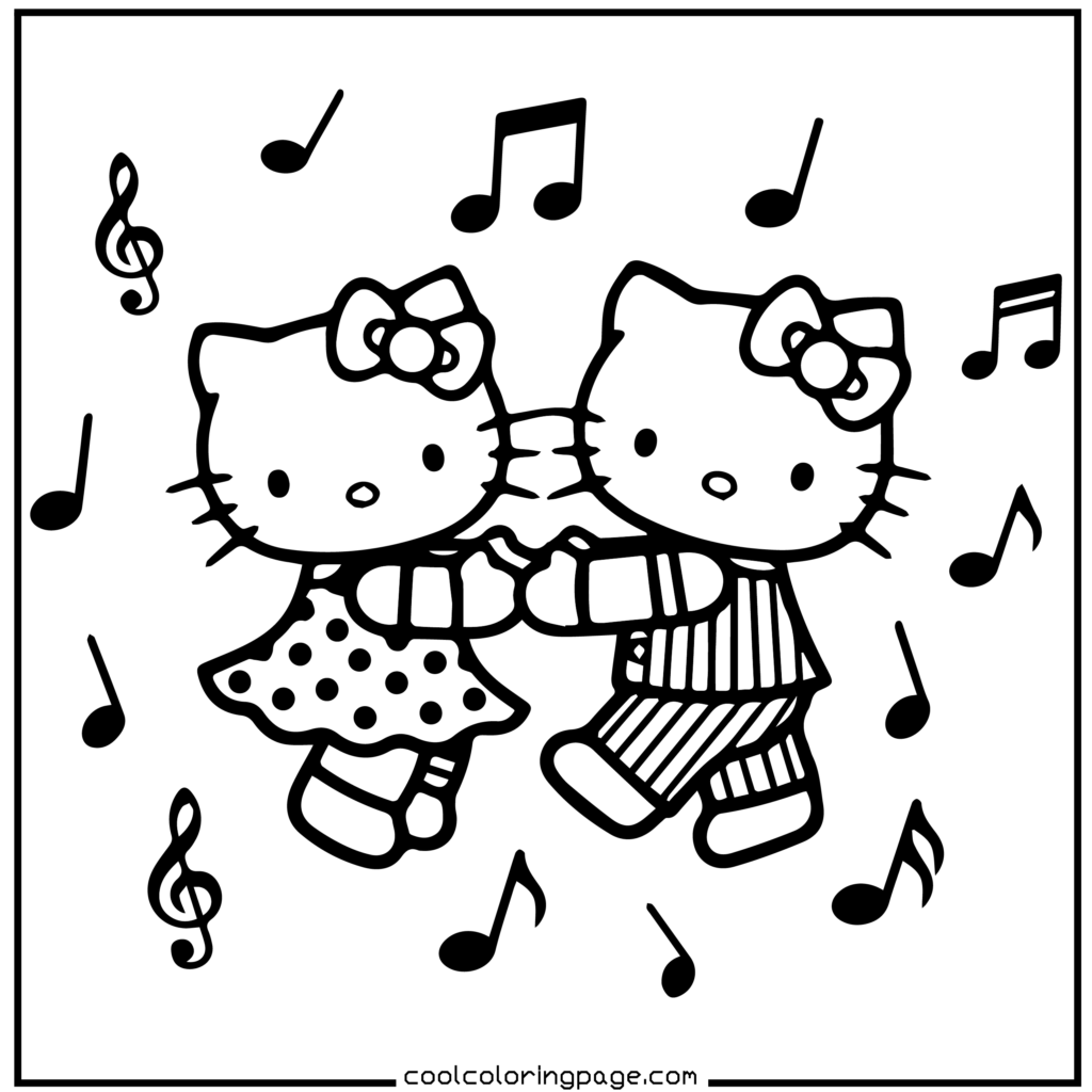 Download printable hello kitty coloring pages Free PDF showing dancing characters