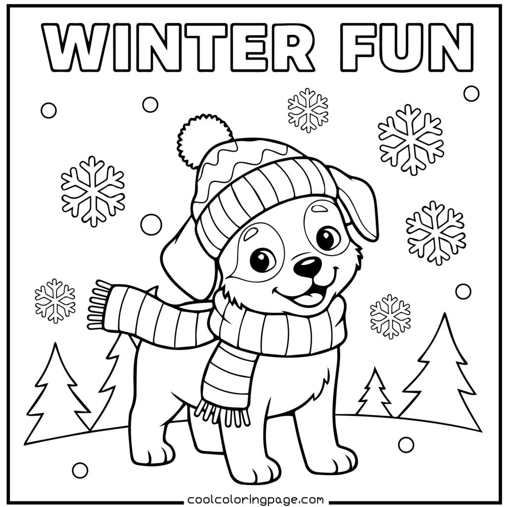 Winter puppy wearing a scarf, winter printable PDF puppy coloring pages download