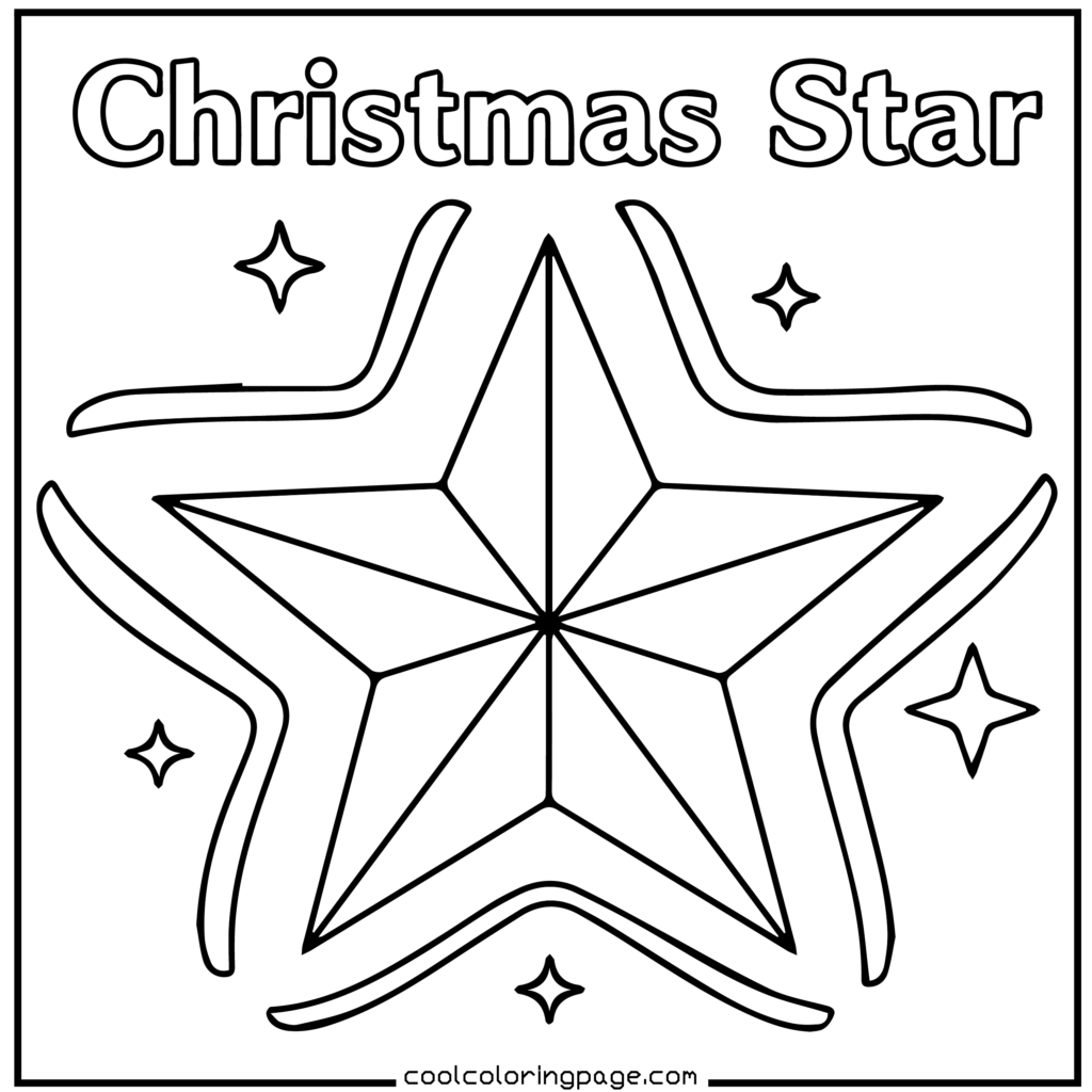 Easy Christmas coloring pages printable PDF showing a simple Christmas star, free printable cute Christmas coloring pages.