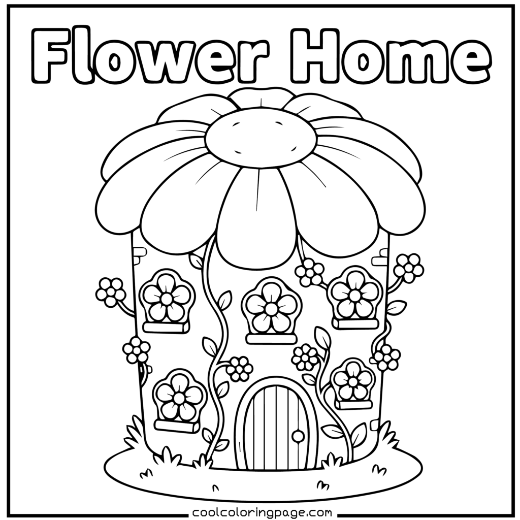 Flower coloring pages showing a fantasy flower house free flower coloring page