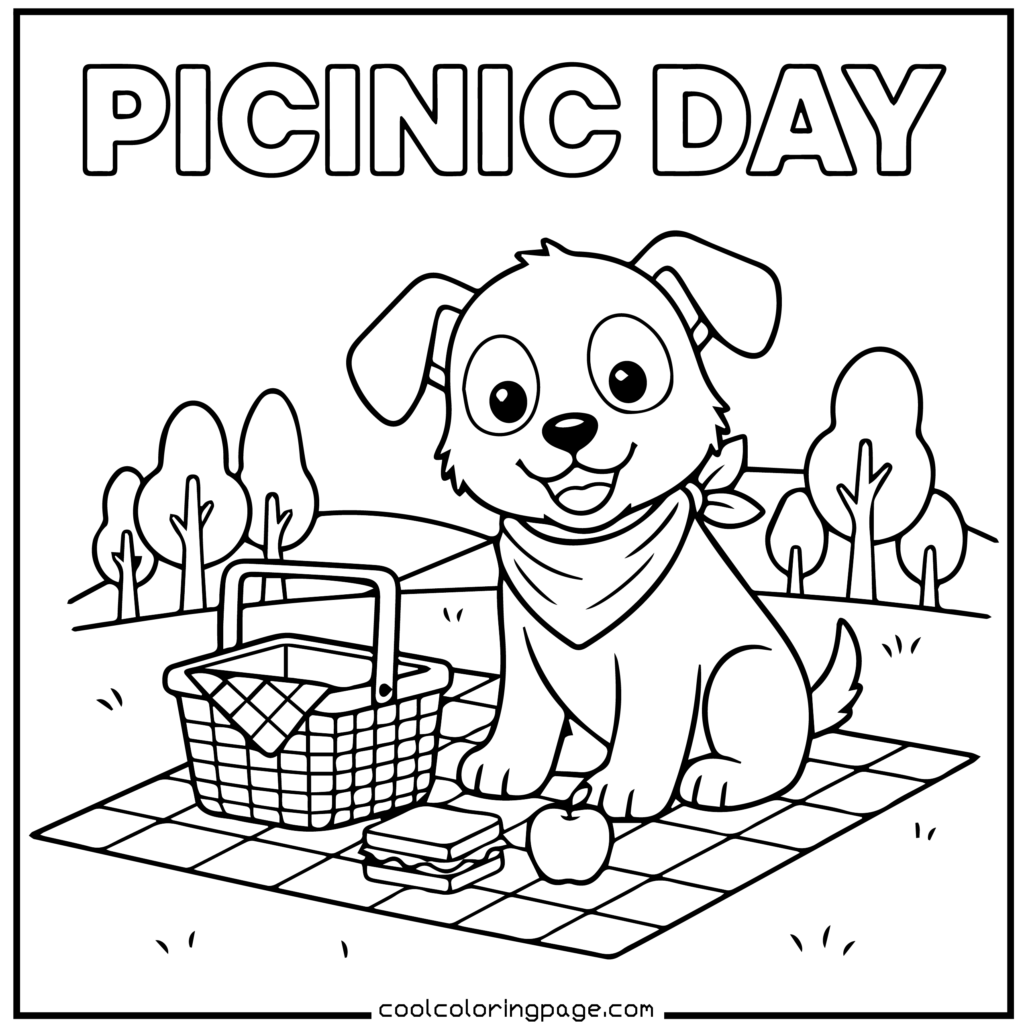 Puppy enjoying a picnic outdoors, cute printable PDF puppy coloring pages download
