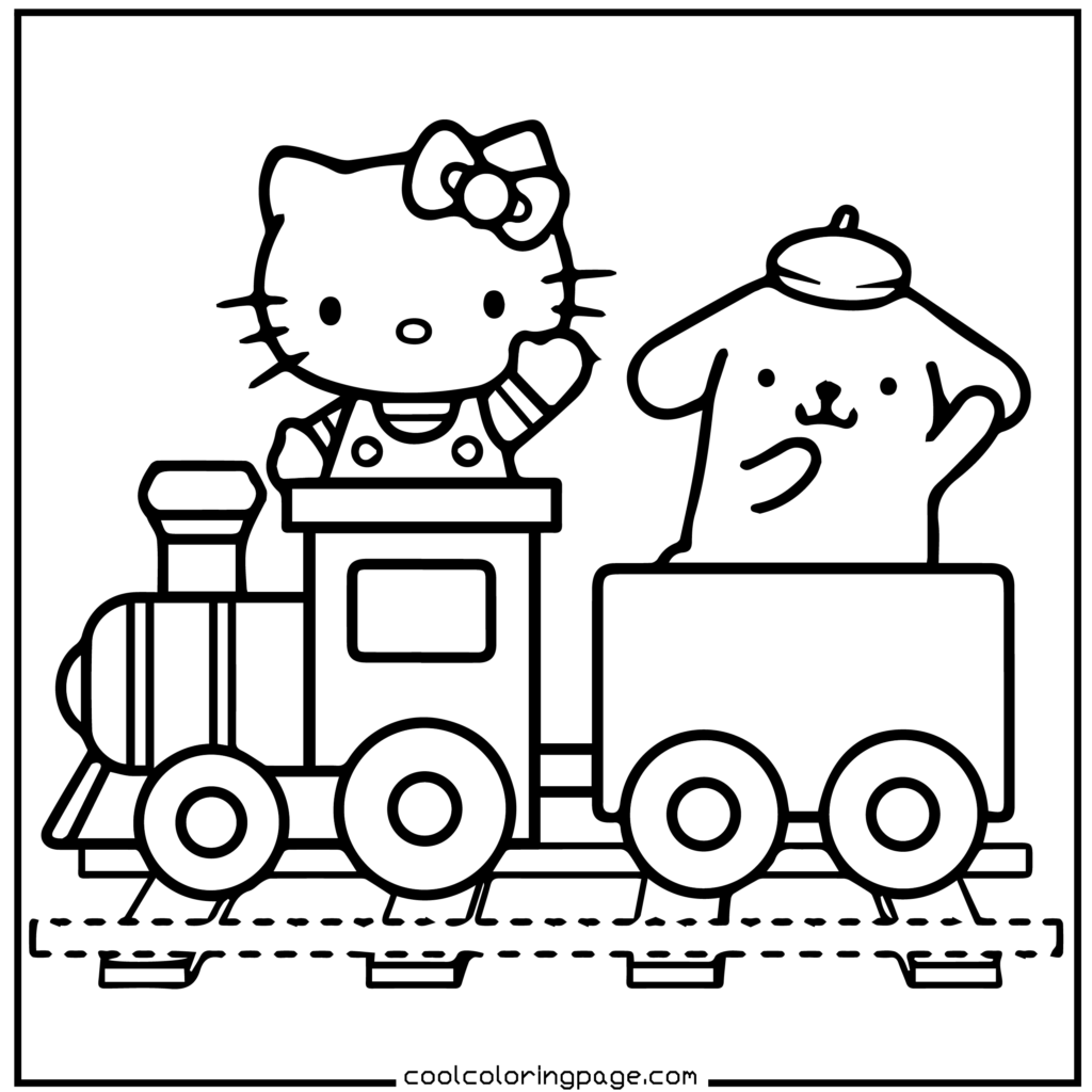 Download printable hello kitty coloring pages Free PDF featuring train ride