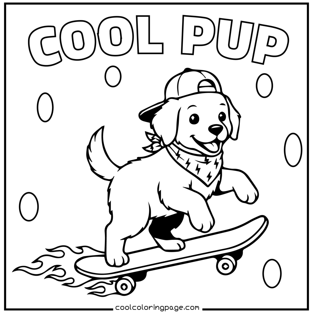 Puppy riding a skateboard, cool printable PDF puppy coloring pages download